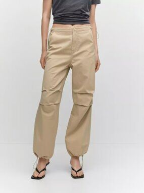 MANGO Women's sz Small Beige Parachute Drawstring Casual Pants MNG Mid Trousers